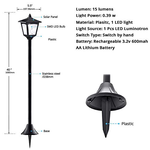 40 Inches Mini Solar Lamp Post Lights Outdoor, Solar Powered Vintage Street Lights for Lawn, Pathway, Driveway, Front/Back Door, Pack of 2 - Thumbnail 4
