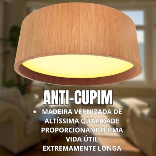 Luminária de Teto Plafon Redondo de Madeira 6 Tamanhos de 25 a 90 cm e 3 Cores - Imbuia, Freijó e Mel Design Moderno e Sofisticado (Freijó, 25 cm)