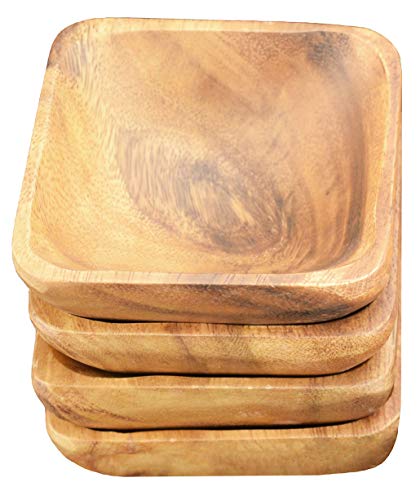 Acaciaware Acacia Wood 4-inch by 1.5-inch Square Dipping and Nut Bowls, Sushi Soy Sauce Set of 4