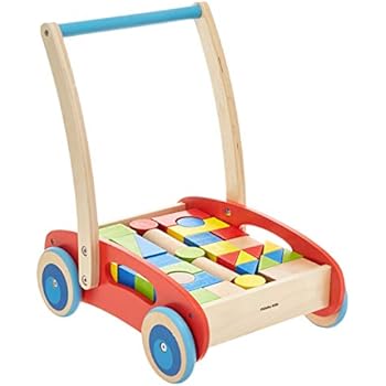 Pidoko Kids Block And Roll Cart Wooden Push And Pull Toy Activity Baby Walker Red Toddler Learning Toys For 1 Year Old With Blocks 33 Pcs