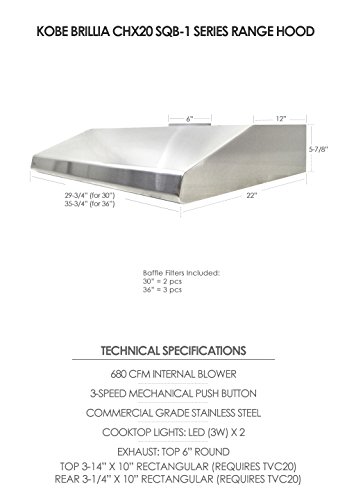 KOBE CHX2030SQB-1 Brillia 30-inch Under Cabinet Range Hood, 3-Speed, 680 CFM, LED Lights, Baffle Filters