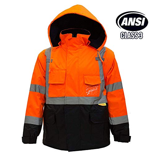 New York Hi-Viz Workwear Troy Safety Men's Ansi Class 3 High Visibility Safety Bomber Jacket With Zipper, PVC Pocket, Black Bottom, Qty1(3XL,Orange)