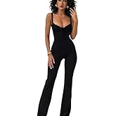 ksotutm Sexy Jumpsuits for Women Deep V Neck Lace Sleeveless Rompers Y2k Bodysuit Club Outfits with Bra Pads