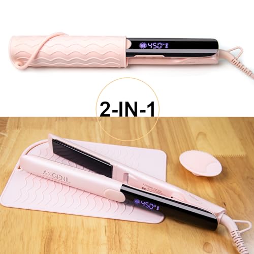 ANGENIL Pro Titanium Flat Iron Hair Straightener and Curler 2 in 1, Dual Voltage Hair Straightening and Curling Irons, Round Pink Hair Straightener with Heat Resistant Silicone Mat Tools, 15s Fast Heating