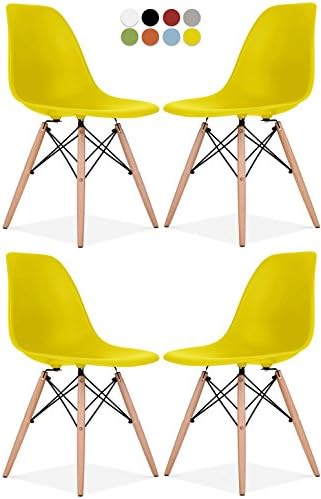 Eames Style Chair by La Valley - Set Of 4 - Mid Century Modern Eames Molded Shell Chair with Dowel Wood Eiffel Legs - for Dining Room, Kitchen, Bedroom, Lounge - Easy-Assemble &amp; Clean - Yellow