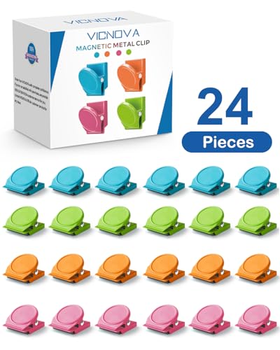 VICNOVA Magnetic Clips, 24 Pieces Magnetic Metal Chip Clips Fridge Magnets Refrigerator Whiteboard Locker Magnets Heavy Duty Clip Classroom Organization Teacher Must Haves School Supplies Accessories