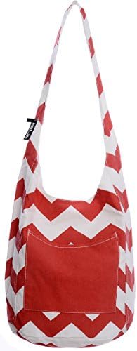 Lucky Beach Women's Boho Canvas Nautical Beach Bag with Chevron Print and Outside Pocket Red