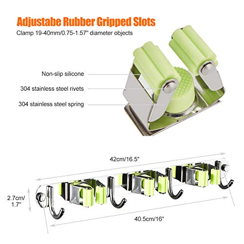 Broom Mop Holder Wall Mount Stainless Steel Wall Mounted Storage Organizer Heavy Duty Tools Hanger with 3 Racks 4 Hooks for Kitchen Bathroom Home Kitchen Garage Garden