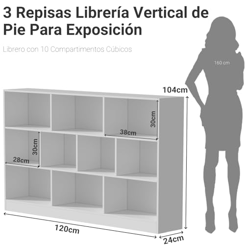 Librero de 10 Compartimentos, 3 Repisas Librero Organizador, Librería Vertical de Pie, Librería Cubby Sencilla Blanco Para Exposición, Almacenaje, para Sala,Oficina,Dormitorio, 120*104*24 CM