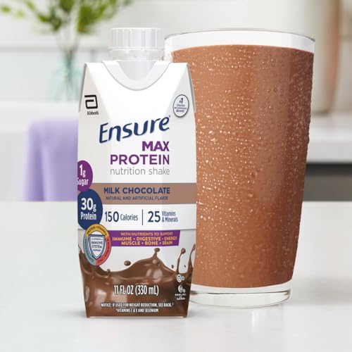 ENSURE MAX PROTEIN SHAKE | MILK CHOCOLATE | READY TO DRINK | 30G PROTEIN FOR MUSCLE BUILDING | 1G SUGAR, 4G FIBER | 11 FL OZ – 12 PACK