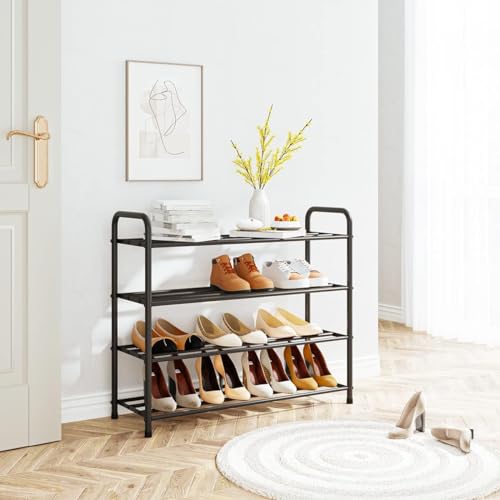 FANHAO Enhanced 4 Tier Stainless Steel Shoe Rack, Shoe Rack Organizer for 12-16 Pairs of Shoes, for Living Room, Wardrobe, Hallway, 68 x 26 x 65 cm (Matt Black)