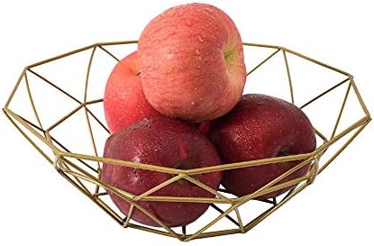 Fashion Creative Large Iron Mesh Woven Fruit Basket Fruit Bowl Office Home Table Art Disply Tray Holder Stand Serving Metal Banana Orange Storage Container Bread Basket Snacks Rack (Gold)