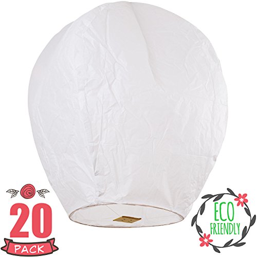 Chinese Lanterns 20-Pack White, Fully Assembled And Fuel Cell Attached Is 100% Biodegradable, New Designed Sky Lantern With Gift Box Coral Entertainments For Any occasion. (White)