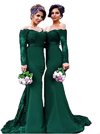 Women's Mermaid Long Bridesmaid Dress Lace Long Sleeves Evening Gowns Formal Hunter 8