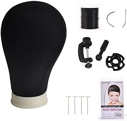 Black Color Canvas Block Head For Wig Making Manikin/Mannequin With Stand Holder / Dome Cap & T-pins 21"/22"/23"/24"/25" (22inch)