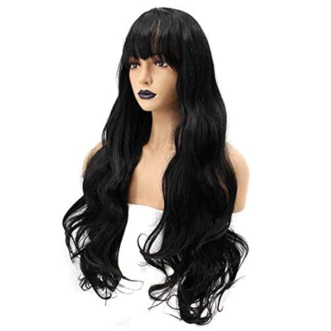 Thrift Bazaar Natural Looking Long Curly Wavy With Bangs Black