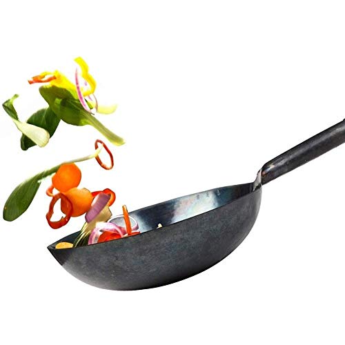 Stir Fry Pan, Hand Hammered cast Iron woks with Wooden lid Carbon Steel