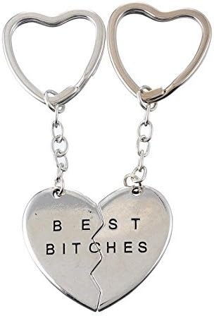 DMTRADE 2 x Unique Heart Shape Key Chain Best Bitches For Couples Silver