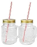Lily's Home Old Fashioned Mason Jar Mugs with Handles, Tin Lids and Matching Reusable Plastic Straws, Great as Old Fashion Drinking Glasses at BBQs and Parties, Clear (16 oz. Each, Set of 2)
