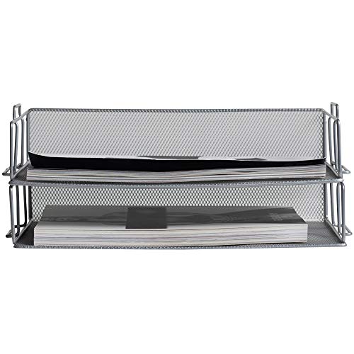 Klickpick Office 2 Tier Stackable Heavy Duty Metal Desktop Letter Tray File Organizer Sorter Desk Document Organizer Shelf Tray Magazine Holder Paper File Newspaper Organizer Tray- Silver