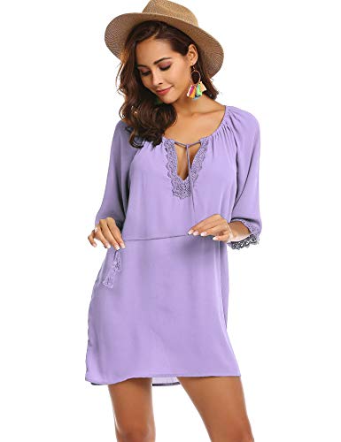SUNAELIA Women Bikini Cover Up Swimsuit Beach Dress with Lace Purple - Thumbnail 3