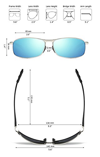 ZHILE Rectangular Polarized Sunglasses Al-Mg Alloy Temple Spring Hinge UV400 (Silver, Blue mirrored)