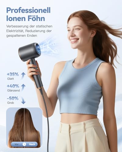 Ion Hair Dryer with Diffuser Quick Drying Hair Dryer Portable Travel Hair Dryer Grey | 1800 W hair dryer, hair dryer, small compact hair dryer with attachments, 3 temperature settings / 2-speed