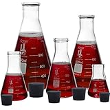 Glass Flask 5 Piece Set, Narrow Mouth Erlenmeyer, Borosilicate 3.3 Glass - 50ml, 150ml, 250ml, 500ml, & 1000ml, Karter Scientific
