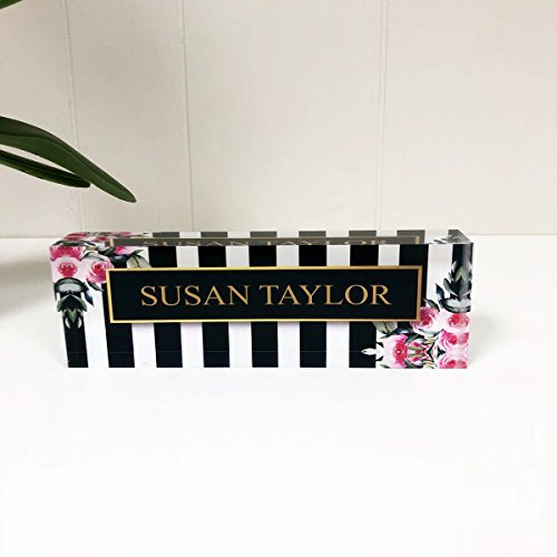 Artblox Office Desk Name Plate Personalized | Custom Name Plates for Desks on Acrylic Glass Decor | Office Desk Decor Nameplate | Desk Accessories | Stripes & Roses - (8"x2.5")
