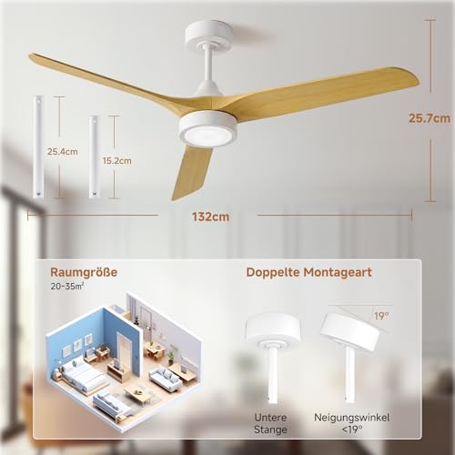 Ateroll 132 cm Ceiling Fan with Lighting and Remote Control, Ultra Quiet DC Motor, 3 Blades, 6 Speeds, 1/4/8H Timer, Dimmable LED, Summer Winter Operation for Living Room, Bedroom