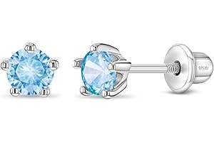 In Season Jewelry Solitaire Simulated Birthstone Kids Earrings - 925 Sterling Silver Hypoallergenic Earrings for Girls with Secure Screw Backs - Safe & Comfortable for Kids & Little Girls