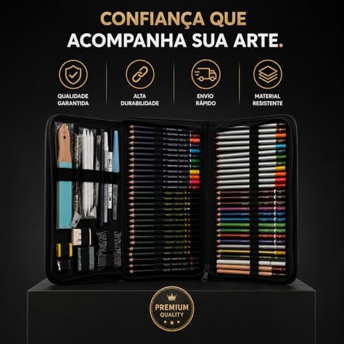 Kit Lapis de Desenho Profissional 75 Peças com Estojo Portátil, Lapis de Cor e Grafite Profissional, Sketchbook, Borrachas, Estilete e Acessórios para Artistas e Estudantes Linha Super Premium