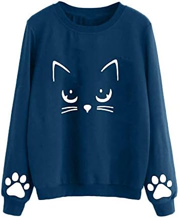 Howley Top Women Casual Polo Sweatshirt Autumn Winter Cat Sweater Round Neck Long Sleeve Regular Blouse