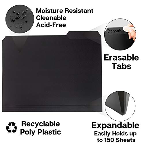 Black Plastic 3TAB File Folders (6 Pack) Letter Size, Poly Folder, 1/3
