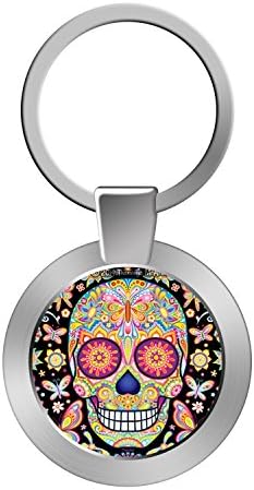 Round Flat Key Chain Zinc Alloy Split Ring For Home Car Key, Custom Durable Key Organizer for Man and Women - Colorful Sugar Skull
