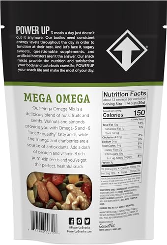 POWER UP TRAIL MIX, MEGA OMEGA TRAIL MIX, NON-GMO, VEGAN, GLUTEN FREE, NO ARTIFICIAL INGREDIENTS, GOURMET NUT, 14 OUNCE BAG
