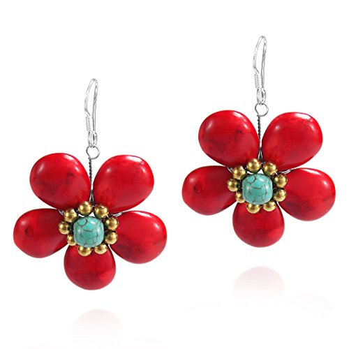 AeraVida Statement Reconstructed Red Coral and Turquoise Flower Brass .925 Silver Earrings | Floral Earrings for Women