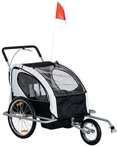 oldzon 2-in-1 Double Child Two-Wheel Bicycle Trailer and Jogger with 2 Safety Harnesses - Black/White with Ebook