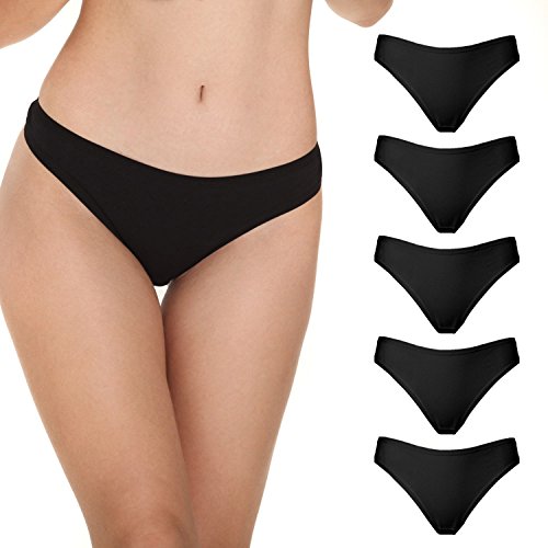 5 Pack Women's Thong Underwear Cotton Breathable Panties( Black,L)