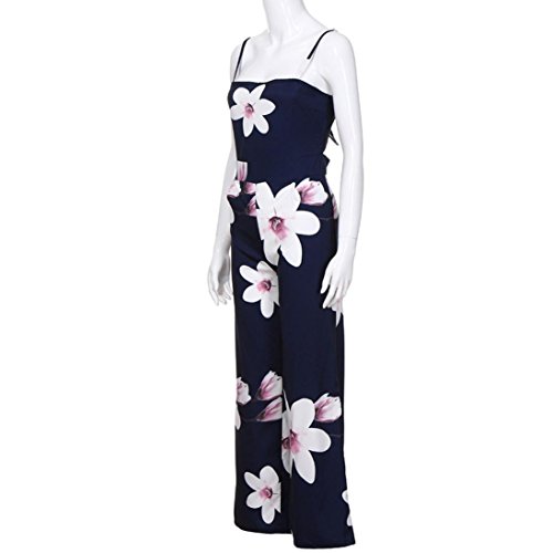Minisoya Women Backless Floral Clubwear Playsuit Casual Bodycon Party Wide Leg Jumpsuit Romper Long Pants Trousers (Navy, M)