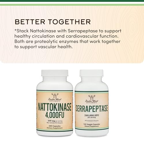 Nattokinase Supplement 4,000 FU Servings, 240 Capsules (Derived from Japanese Natto) Systemic Enzymes for Cardiovascular and Circulatory Support by Double Wood