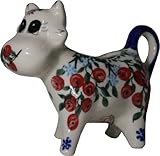 Polish Pottery Ceramika Boleslawiec 0501/282 Royal Blue Patterns 1/3-Cup Cow Creamer, Red Berries and Daisies