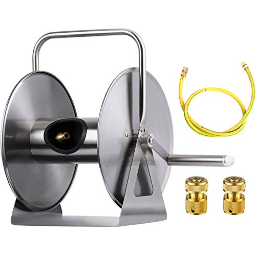 WINGOFFLY Stainless Steel Hose Reel Water Hose Holder & Storage Holds 147-Feet of 5/8-Inch Hose with Hose Connectors Accessories(Style A)