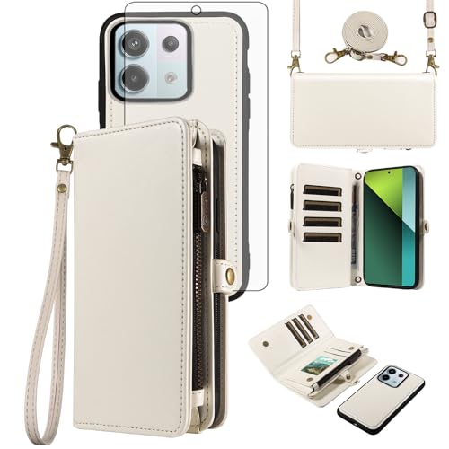 Asuwish Phone Case for Xiaomi Redmi Note 13 Pro 5G/Poco X6 Zipper Wallet Detachable Cell Cover with Tempered Glass Screen Protector Crossbody Lanyard Strap Flip Card Holder Slot 13Pro 6X White