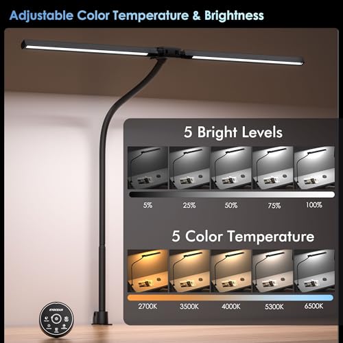 EYOCEAN 24W 80cm Dual Head Clip On Desk Lamp Daylight Desk Lamp with Remote Control Dimmable Monitor Lamp Gooseneck Eye Protection Black