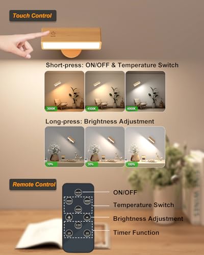 DetarZinLED Interior Wall Light Set of 2, Remote Control Battery Light, Rotatable Lamps Without Cables with 3 Colour Temperatures for Bedroom, Living Room, Reading Lamp Next to the Bed