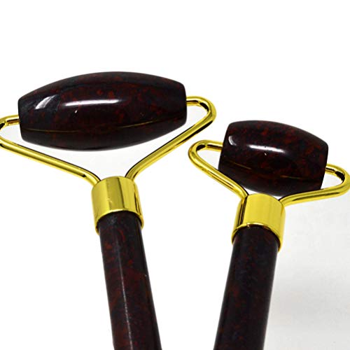 Jade Double-Head Roller Massager Natural Olive Jade Stone Slimming Face Neck Anti-wrinkle Massager Skincare Tool with Natural Stone Necklace (Flower ruby)