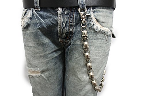 TFJ Men Wallet Chain Biker Long Fashion Jeans Keychain Big Skulls Skeleton Silver