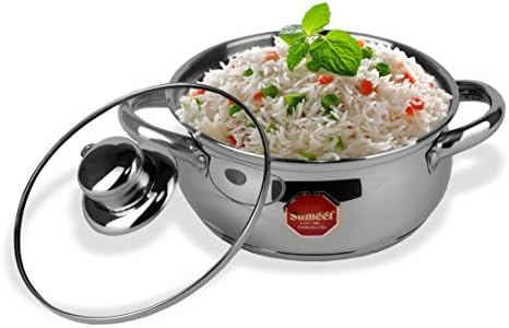 SumeetStainless Steel Induction Bottom (Encapsulated Bottom) Induction & Gas Stove Friendly Belly Shape Cook and Serve Casserole No. 9 (1 Ltr) with Glass Lid