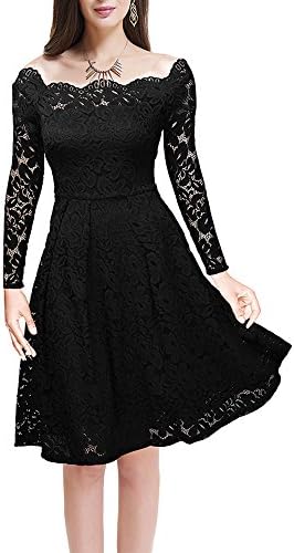 Yunicus Womens 1950's Vintage Floral Lace Retro Party Cocktail Formal Off Shoulder Swing Dress Black Medium